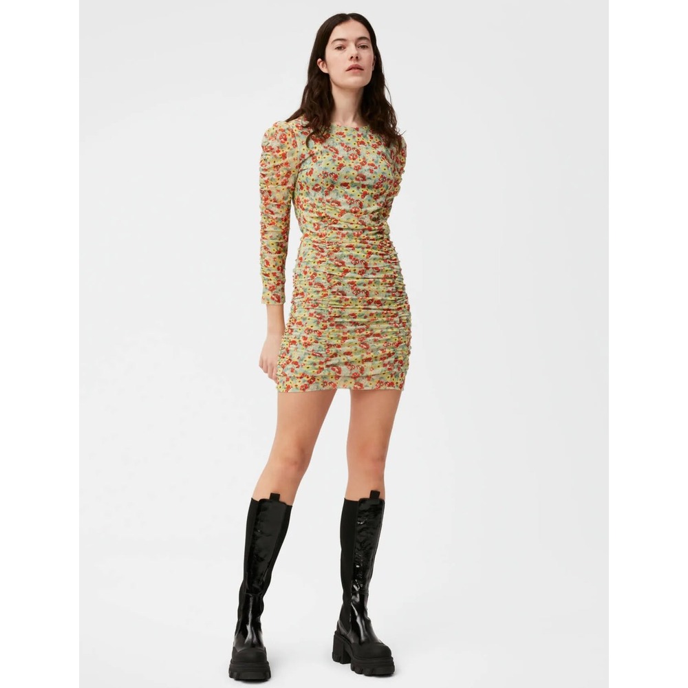 Ganni Printed Mesh Ruched Mini Dress Floral T3324 Green Red Yellow EU 36 US 4/6